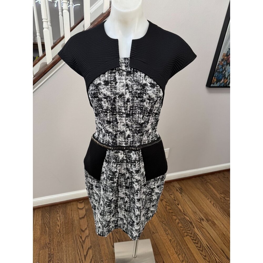 NORA NOH Vintage Black White Cotton Tweed Embellished Structured Dress Size 4